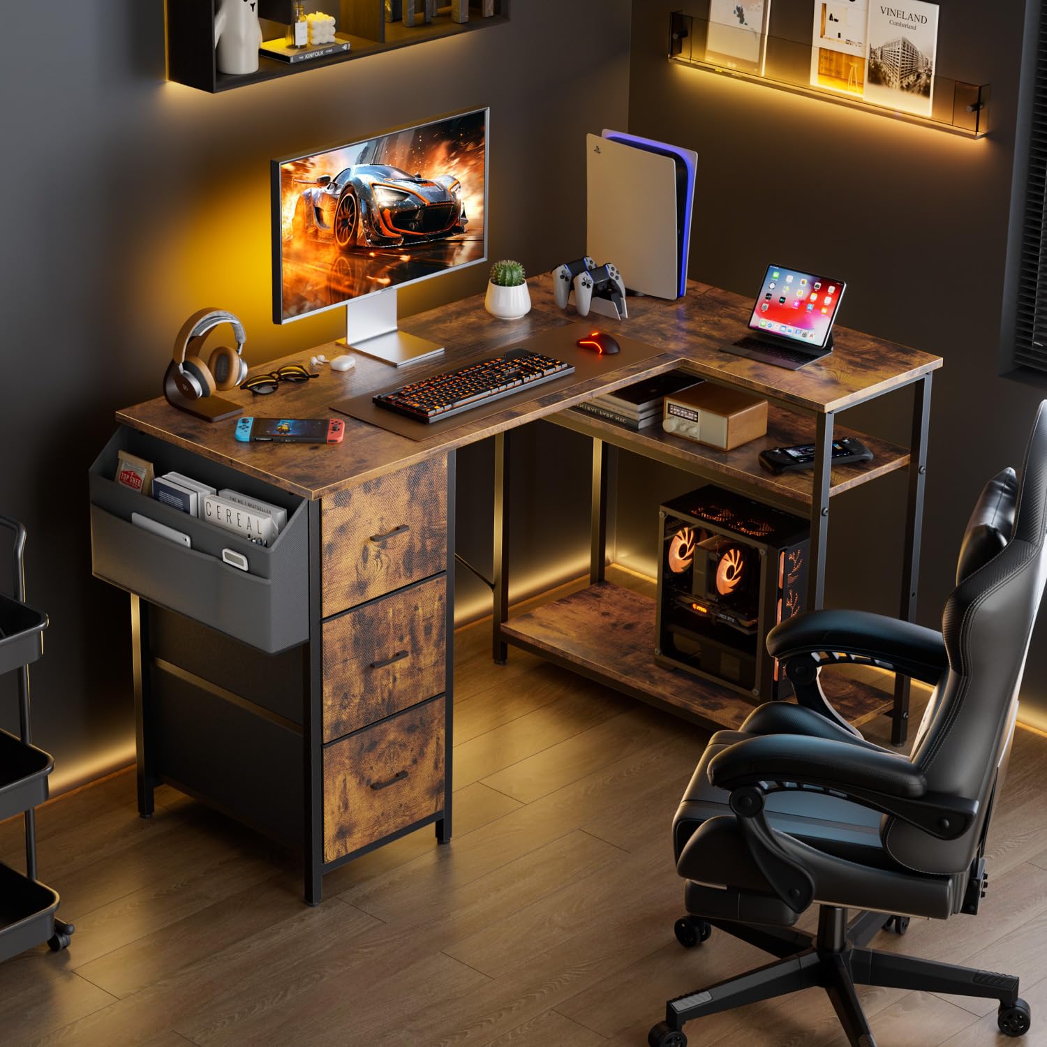 SOLAVERO Escritorio Esquinero, 120 x 78 cm Mesa Gaming, Escritorio en L con 3 Cajones, Mesa Ordenador con Bolsa de Almacenaje, Estante Ajustables, para Oficina en Casa, Estudio y Juegos, Marrón