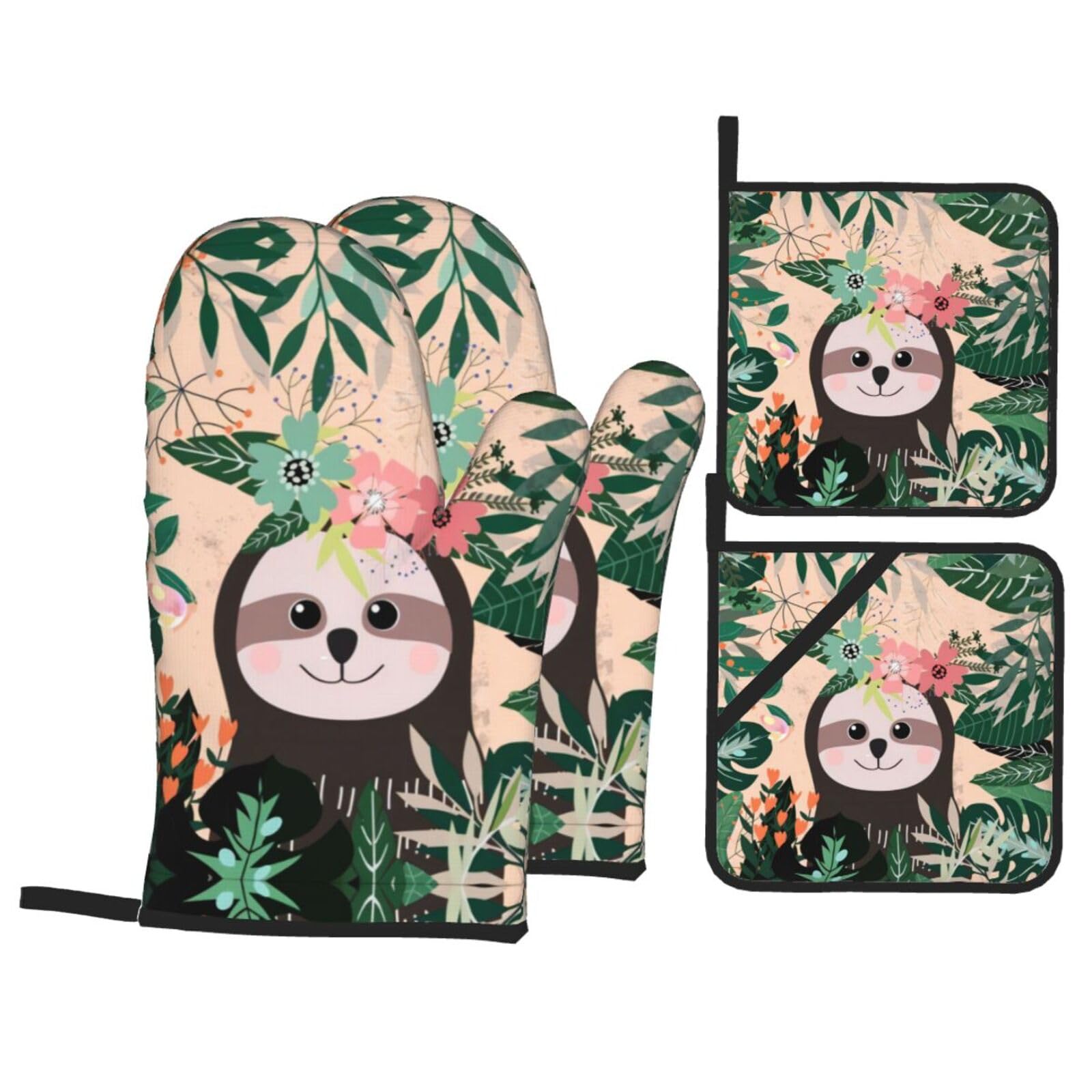 YYHHAOFA Sloth And Flowers Prints Kitchen Baking Set with Heat Resistant Pot Holders & Oven Mitts - Waterproof Layer for Hot Dishes, Grill & Microwave