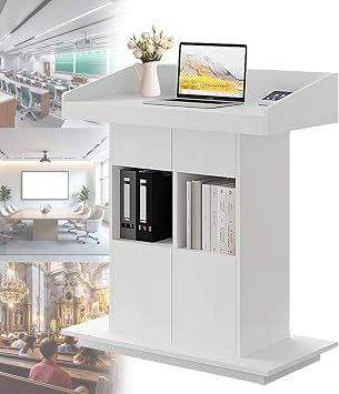 Solid Wooden Podium Stand Wooden Speaking Lectern Church Lecterns & Podiums Pulpit Podium for Classroom Churches Speech, Double-Layer Stable Base White, 39.4 * 20in