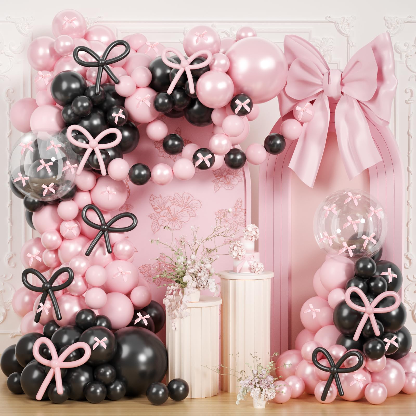 Pearl Pink and Black Balloons Arch Kit, 199Pcs Pink and Black Bow Birthday Decorations with 260 Bubble Pearl Pink Balloons Ribbon for Coquette Bow Theme Birthday Baby Bridal Shower Bachelor Wedding