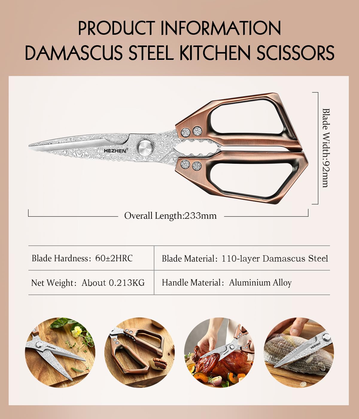 HEZHEN Damast Küchenschere, Multifunktionale Kochschere Sägeschliff, 110 Schichten Damaszenerstahl Schere Küche, Griff aus Aluminium Legierung