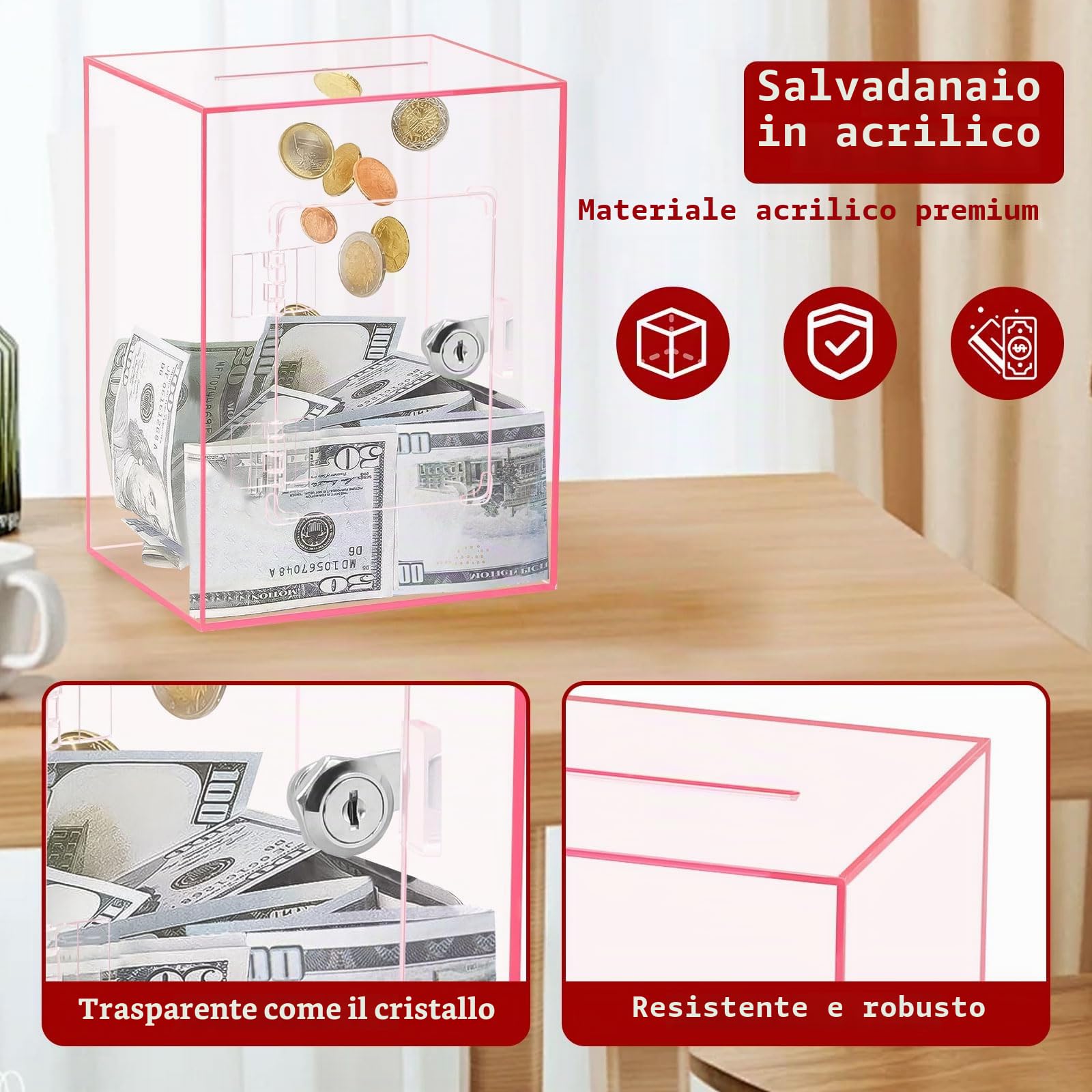 Salvadanaio Trasparente Acrilico, 20x15x12 cm Scatola di Donazione, Salvadanaio Apribile con Chiave, Scatola Raccomandata per Raccogliere Donazioni, per Risparmiare