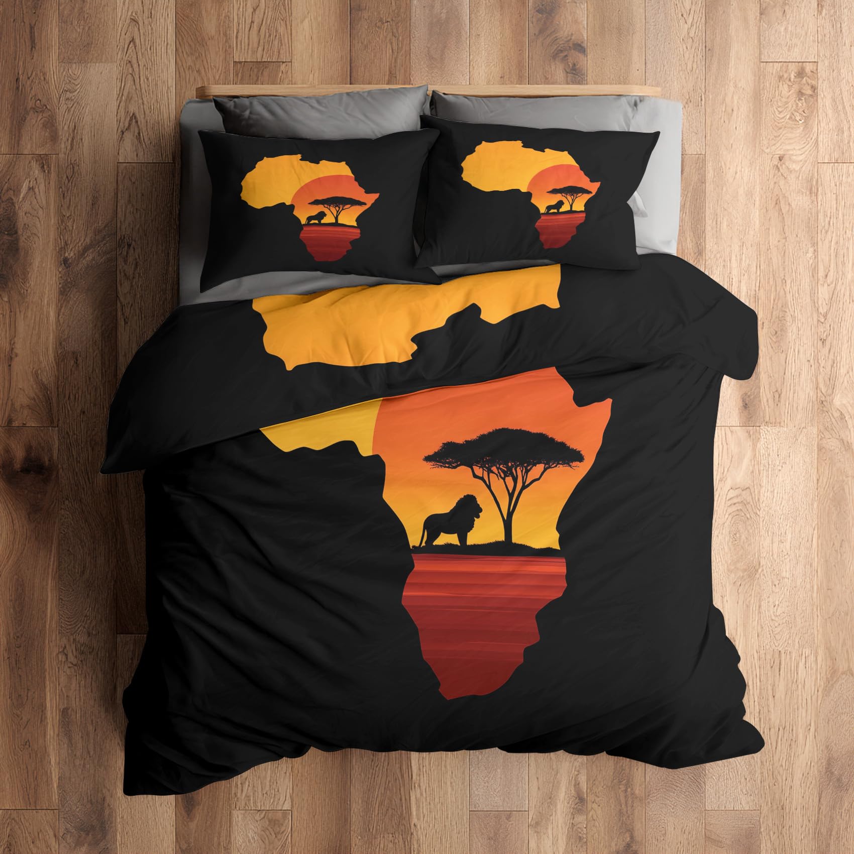 Bettwäsche 200x220 Afrikanische Sonnenuntergang Design, 3teilig - Afrikanische Safari Wildtier Bettbezug und 2 Kissenbezug 80x80, Wendebettwäsche, Schlafzimmer Deko, mit Reißverschluss SD-1325