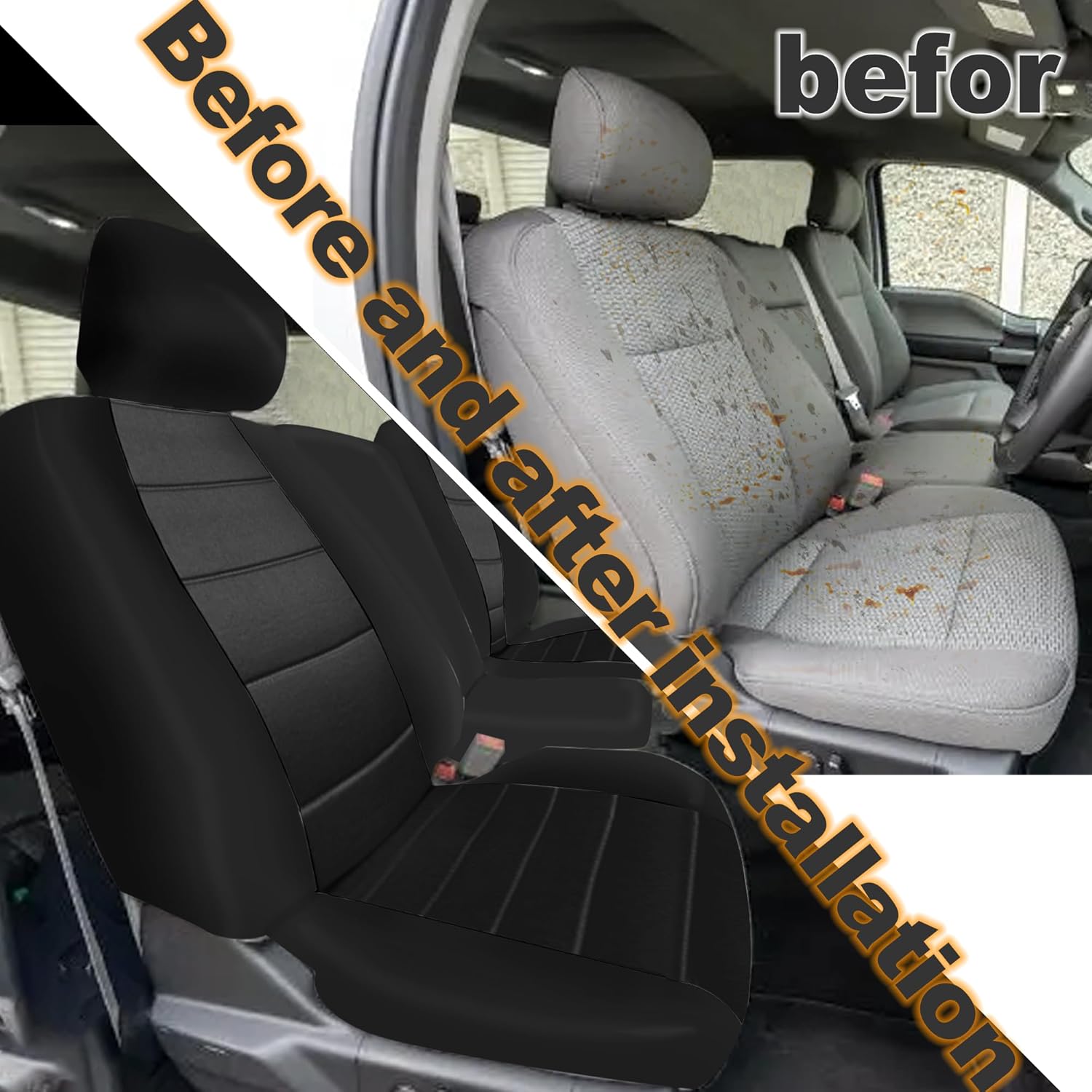 Front 40/20/40 Thickened Heavy-Duty Oxford Fabric Seat Covers Compatible with Ford F150 XL/Standard Cab 2004-2008, Split Bench with Integrated Seatbelts & Solid Armrest-Black