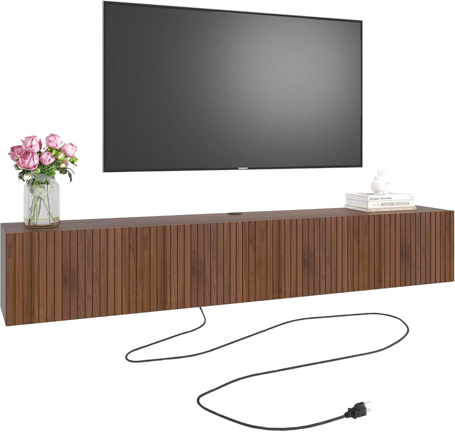 71” Floating TV Stand with LED Lights & Charging Station,Wall Mounted Entertainment Center for 75 Inch TV, Floating Media Console Shelf with Flip-Down Fluted Doors for Living Room, Bedroom, Brown