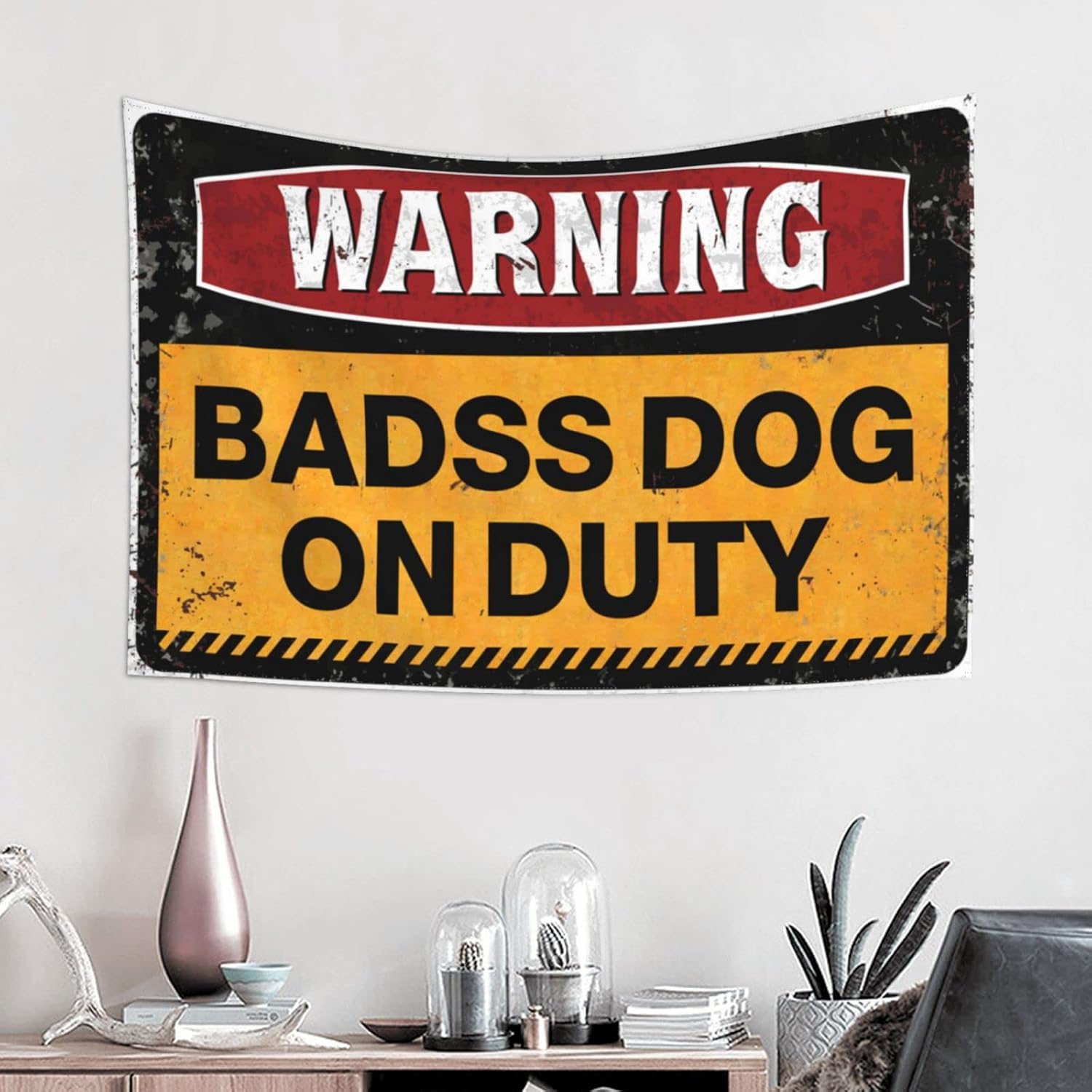 Wall Tapestry For Bedroom Warning Badass Dog On Duty Tapestry Ceiling Decor Funny Kitchen Decor(75X100CM)