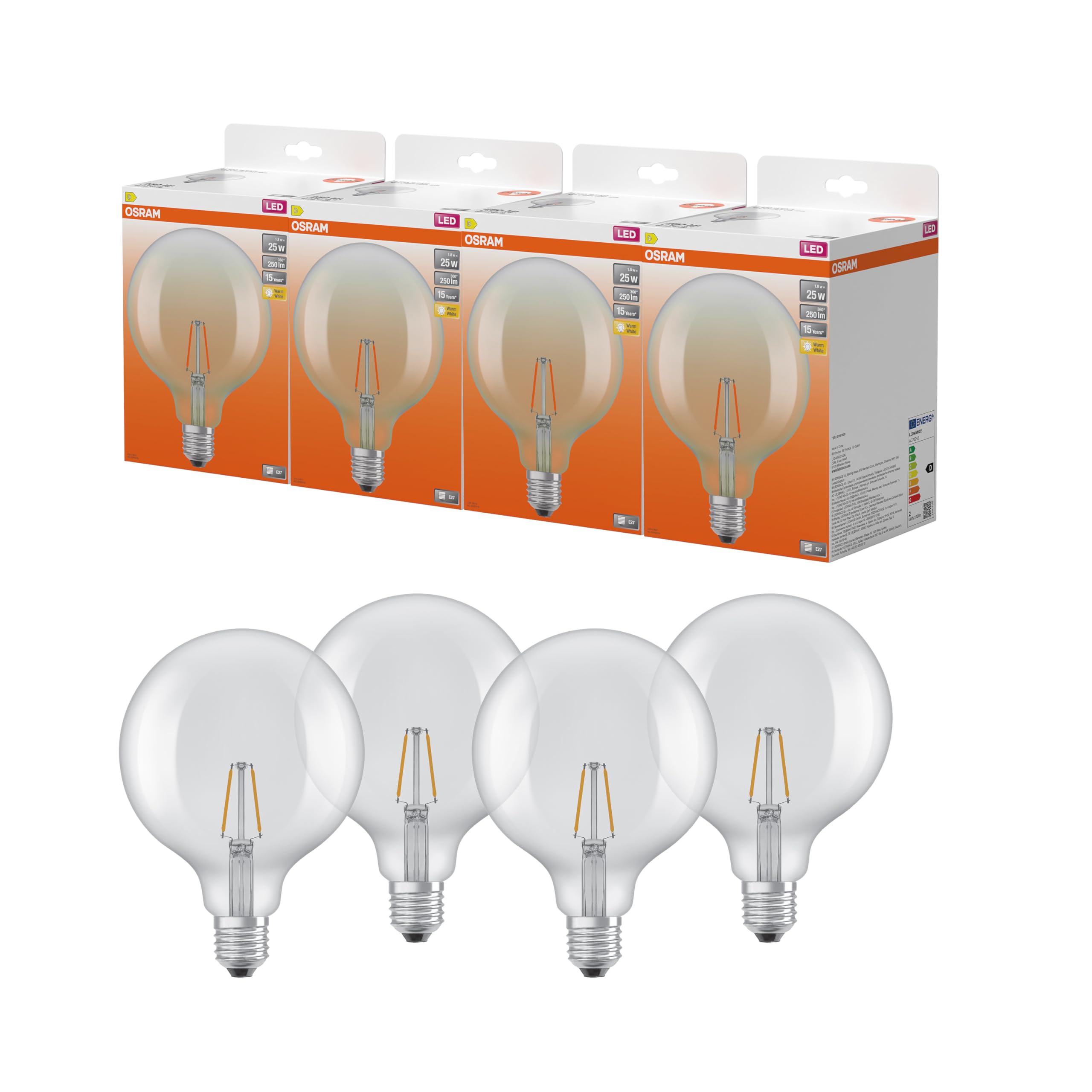 OSRAM Lampada LED Star Globe G125 25 Filament, 2700 K bianco caldo, 1,8 W, E27, trasparente, 250 lm, 15.000 h, per lampade a sospensione, grande forma sferica, decorativa,4-Pack
