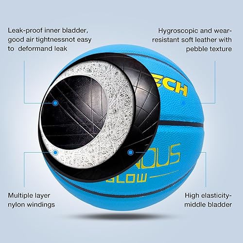 Miniatura 7 de Basketball Glow in The Dark, Cool Glowing Luminous Leather Basketball Indoor Outdoor Size 765 for Men, Women, Teenager (with Pump)