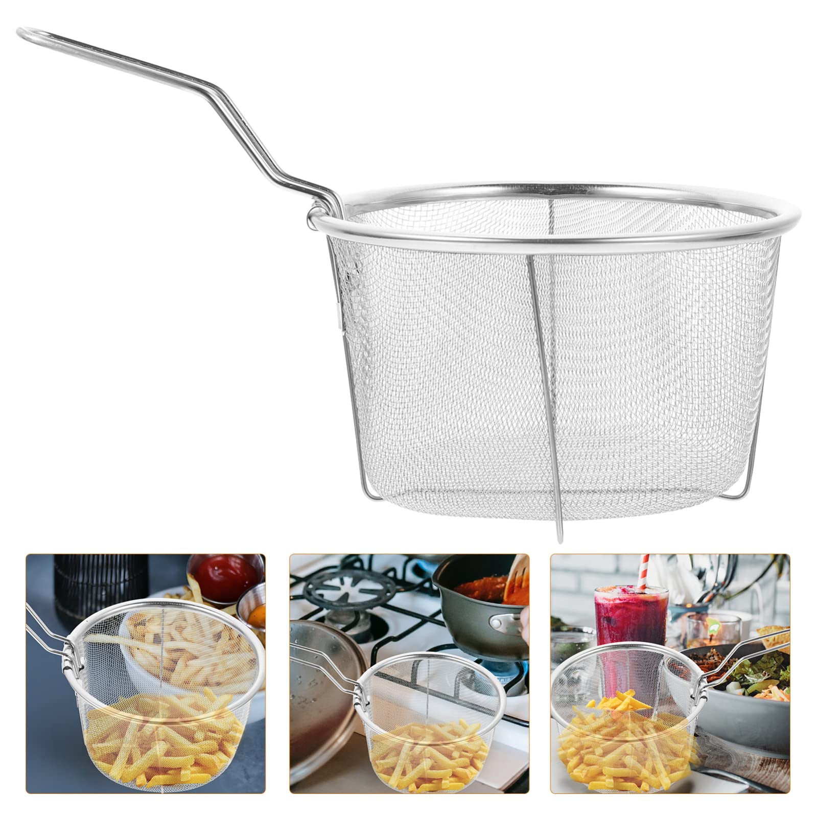 Cestello per friggitrice in acciaio inox, rotondo, con manico, per patatine fritte, pasta, spaghetti e patatine fritte, supporto per friggitrice