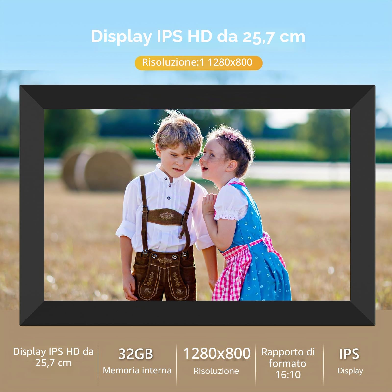 Cornice per foto digitale WiFi 10,1 pollici schermo touch screen LCD IPS 1280x800 memoria integrata da 32 GB rotazione automatica condividi momenti istantaneamente tramite l'app
