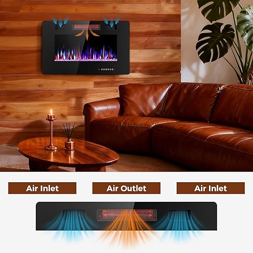 Miniatura 2 de Chimenea eléctrica de 30 pulgadas para insertar ultradelgada - Chimenea calefactora empotrada y de montaje en pared con termostato, llama ajustable