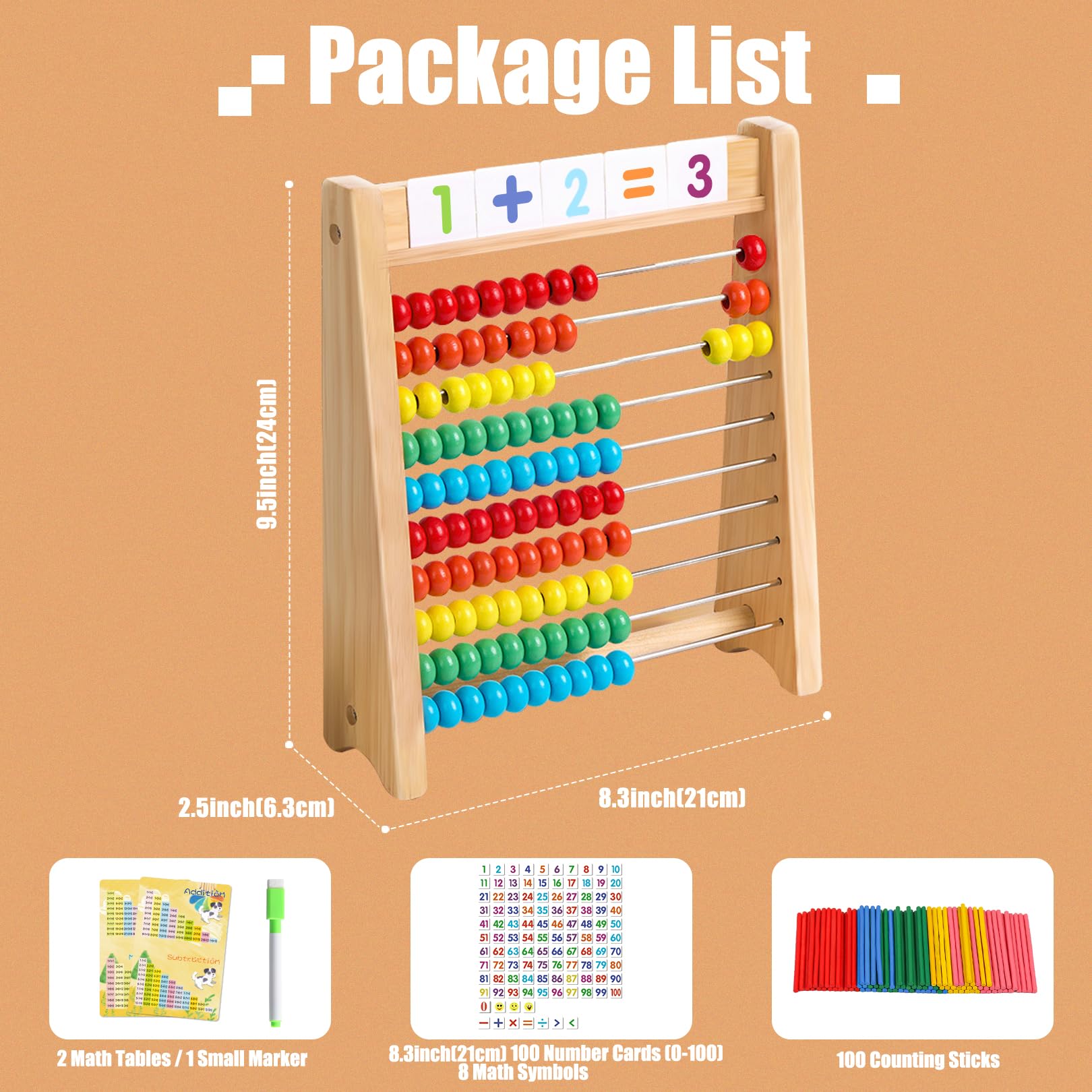 Abaco de madera para niños, juguete de conteo de 10 filas con 100 cuentas, tarjetas de números y palos de conteo, contadores educativos para niños, regalo de matemáticas para niños de 3, 4, 5 2