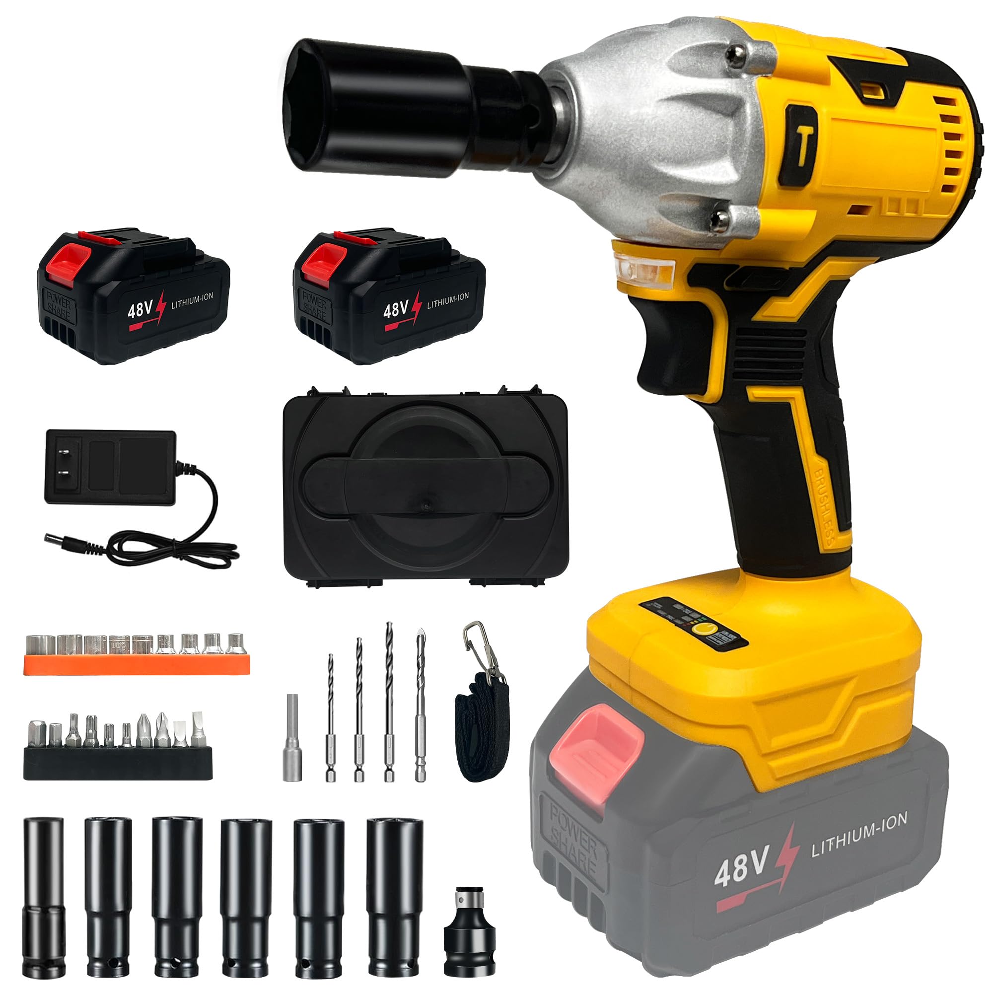 byczone 420N.m(310Ft-lbs) Cordless Impact Wrench, 3/8 Inch High Torque Brushless 21V Impact Gun w/ 2 x 4.0Ah Battery & Fast Charger & 6 Sockets,