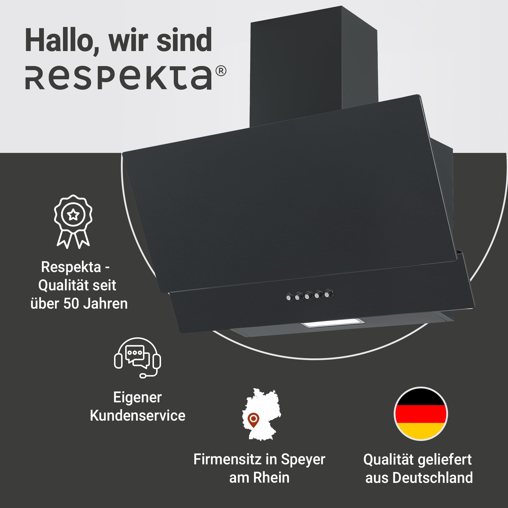 Respekta Dunstabzugshaube in matt schwarz mit Glasschirm/Kopffreie Schräghaube 60 cm/A+ / Abluft- und Umluftbetrieb/Luftstrom 297,9 m³/h / 47–67 dB / CH35060MS-19