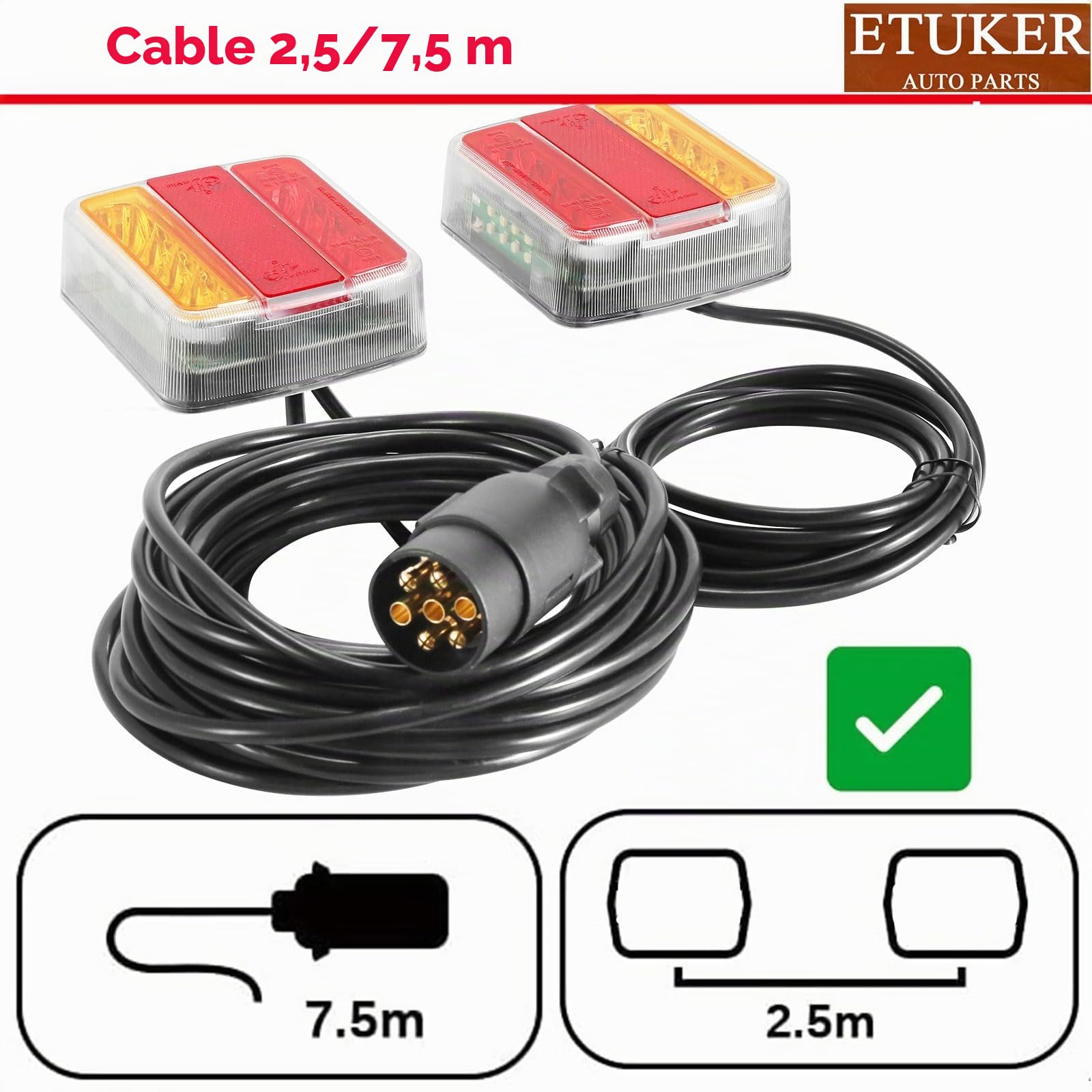 Pilotos Led Remolque con Cable de 7,5m y Enchufe 7 Pines 12V Luces Remolque Traseras Impermeable 5Functiones Homologados