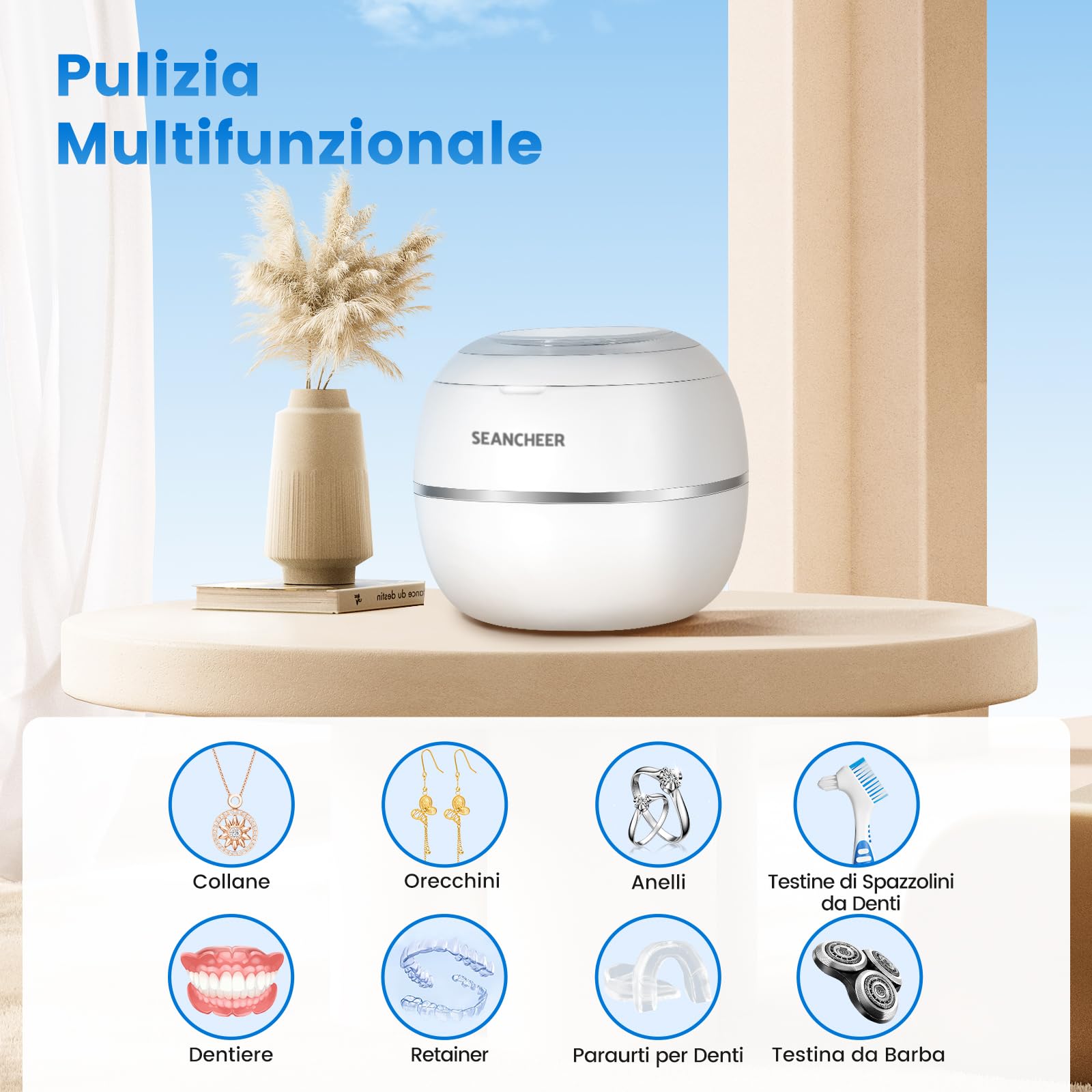 SEANCHEER Pulitore Ultrasuoni 48000Hz Ultrasonic Cleaner | 180ML | Lampada UV Dental Pod per | Bite Bruxismo Notturno | Protesi Dentali | Apparecchio Denti | Retainer | Allineatori | (Bianco)