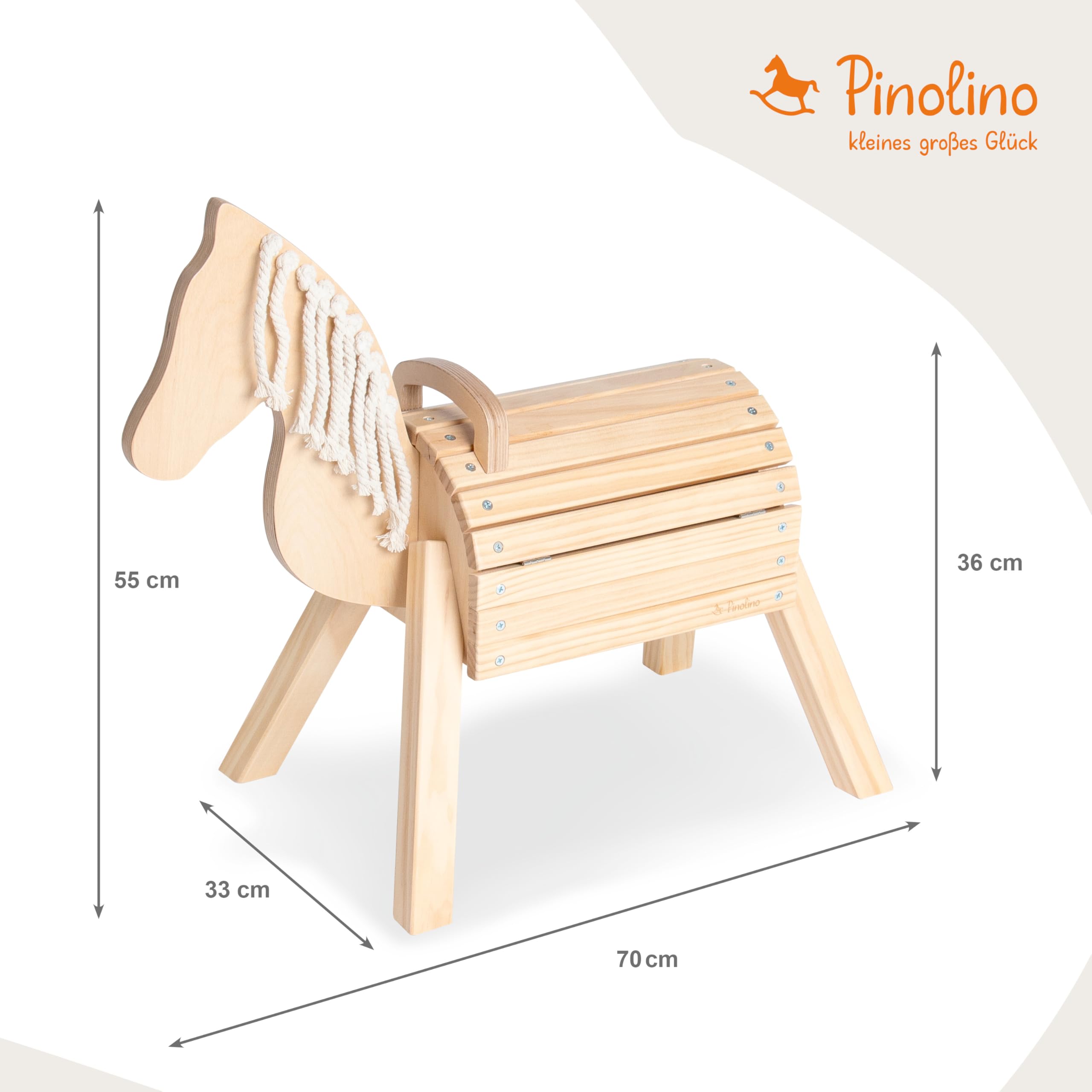 PINOLINO Holzpferd Nelli, Spielpferd aus Birke & Fichte, klar lackiert, Reitpferd mit Stauraum, Holzpony mit Mähne aus Baumwolle, 70x33x55 cm, fürs Kinderzimmer, bis 40 kg, für Kinder ab 2 Jahren,