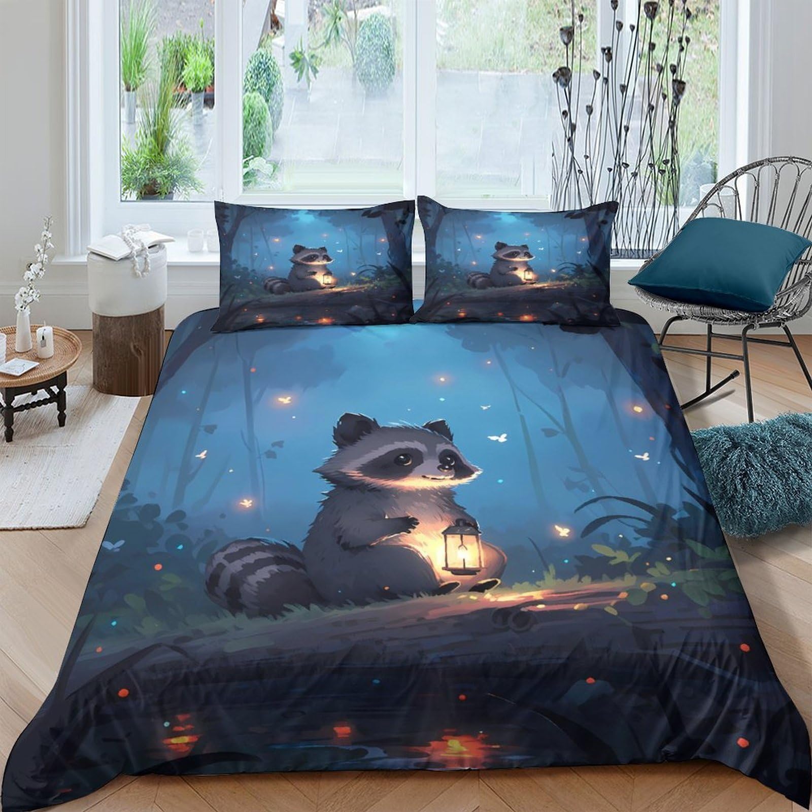 Ctjqhvkz Style-3 3D Printed Night Forest Raccoon Fitted Sheet Microfiber Soft Bed Cover For Bedroom Guest Room Mattress Decor Single（135X200cm）
