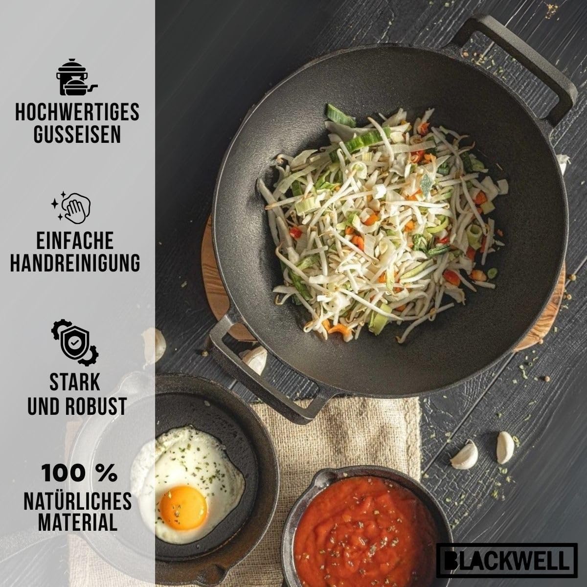 Blackwell Pfannenset aus Gusseisen – Grillpfanne 23 x 23 cm, Bratpfanne Ø 25 cm & Wok Ø 32 cm – 3-teilig – geeignet für alle Herdarten