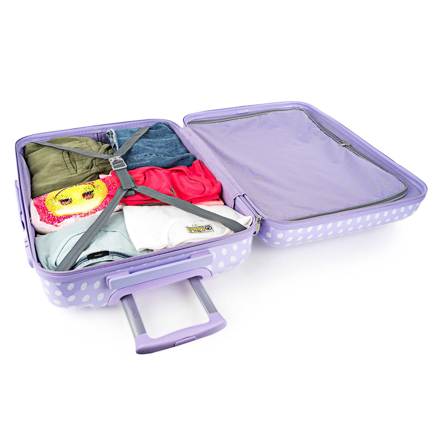 ITACA - Valigia Bambina Mediano - Valigia Bambini Resistente e leggera - Trolley Bambina leggera con 4 ruote Cabina aereo - Trolley Bambino Lucchetto a combinazione, Malva
