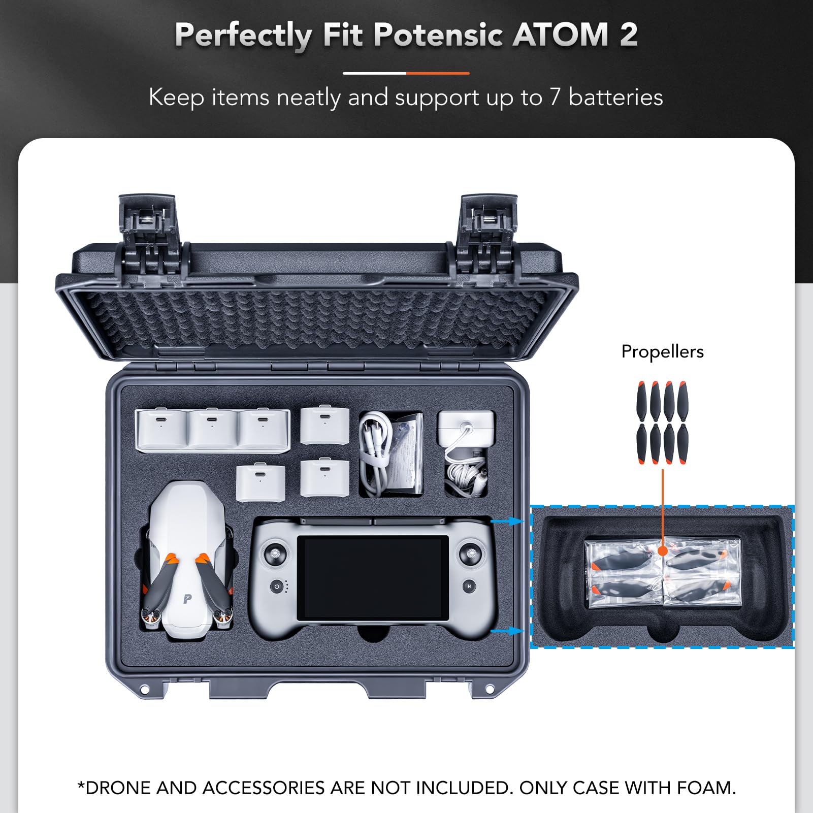 Lykus Titan AM110 Maletín/Maleta/Estuche/Case Impermeable para Potensic Atom 2 y PTD 1 RC,Admite 7 baterías[Solo MALETÍN]