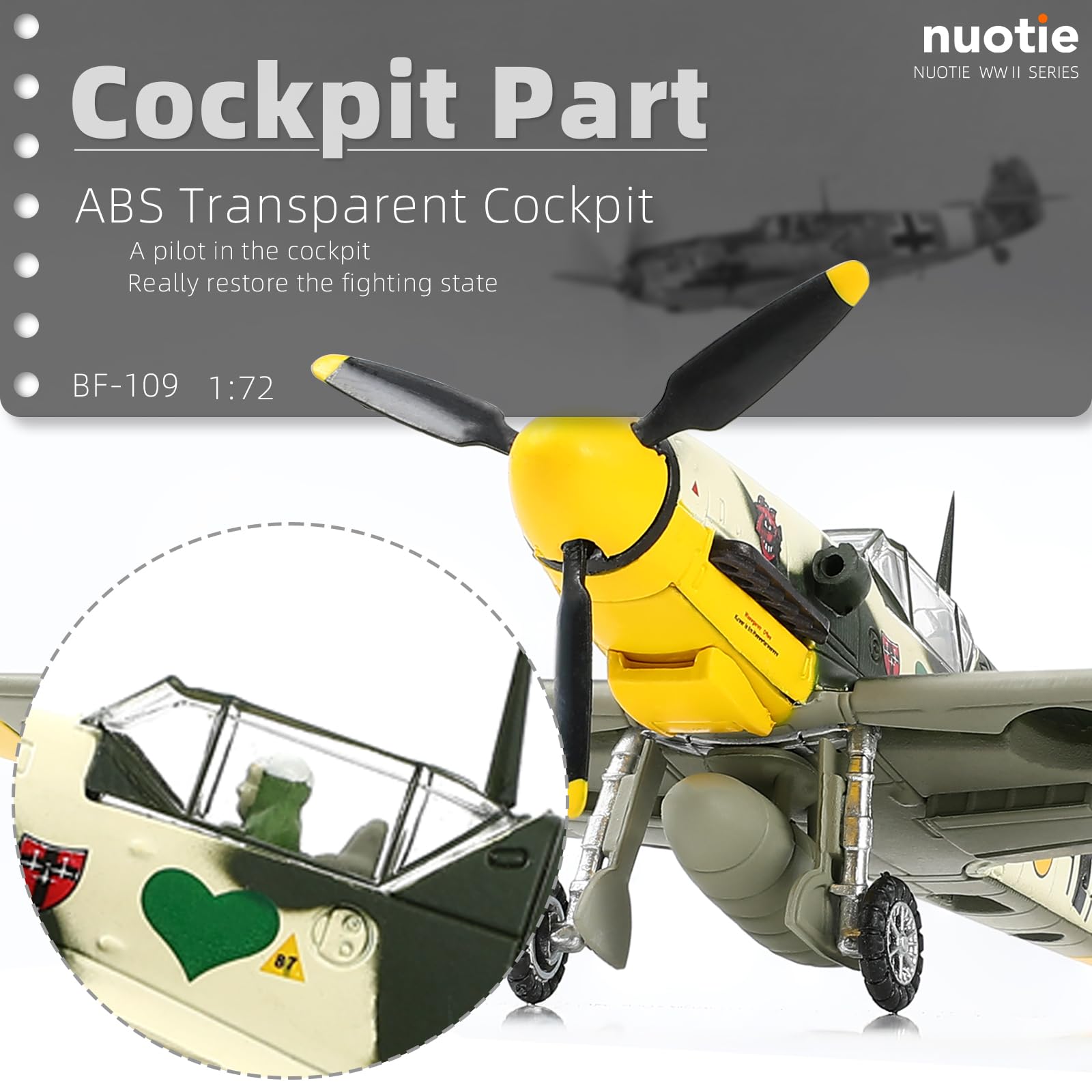 NUOTIE BF-109 Messerschmitt 1/72 Modello da Caccia in Metallo Tedesco della Seconda Guerra Mondiale Militare Finito di Aereo Pressofuso Giallo Kit Precostruiti con Espositore(Mimetico Giungla)