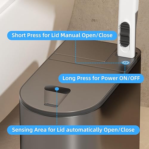 Miniatura 4 de Basurero de baño con tapa, sensor de movimiento inteligente con cepillo de inodoro, bote de basura automático pequeño de 2 galones, control de