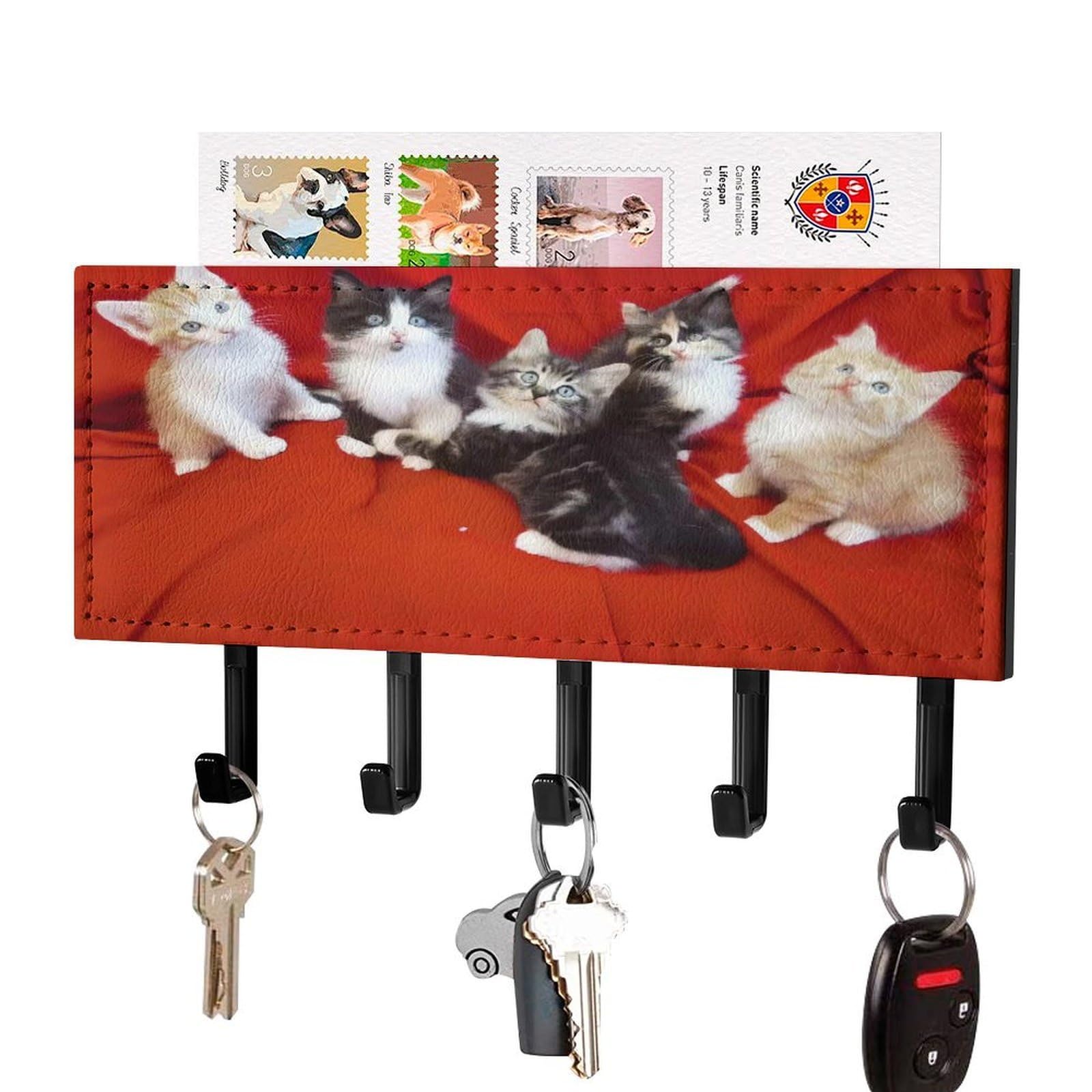 Colgador de llaves para pared adhesivo, estante de metal y piel sintética de gato