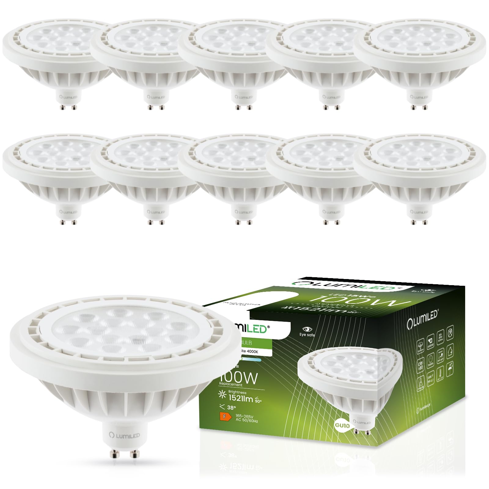 Lumiled Juego de 10 bombillas LED ES111 GU10, 230 V, 15 W (equivalente a 100 W), color blanco neutro, 4000 K, ángulo de haz de 38 grados, blanco, 1521 lúmenes, Ra>80