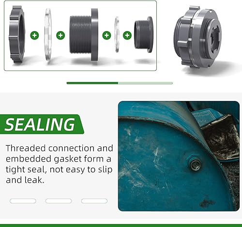 Miniatura 6 de TAISHER Adaptador de conector de tanque de mamparo de PVC negro de 2 pulgadas con tapones y junta para tanque de agua, barriles de lluvia, acuarios,