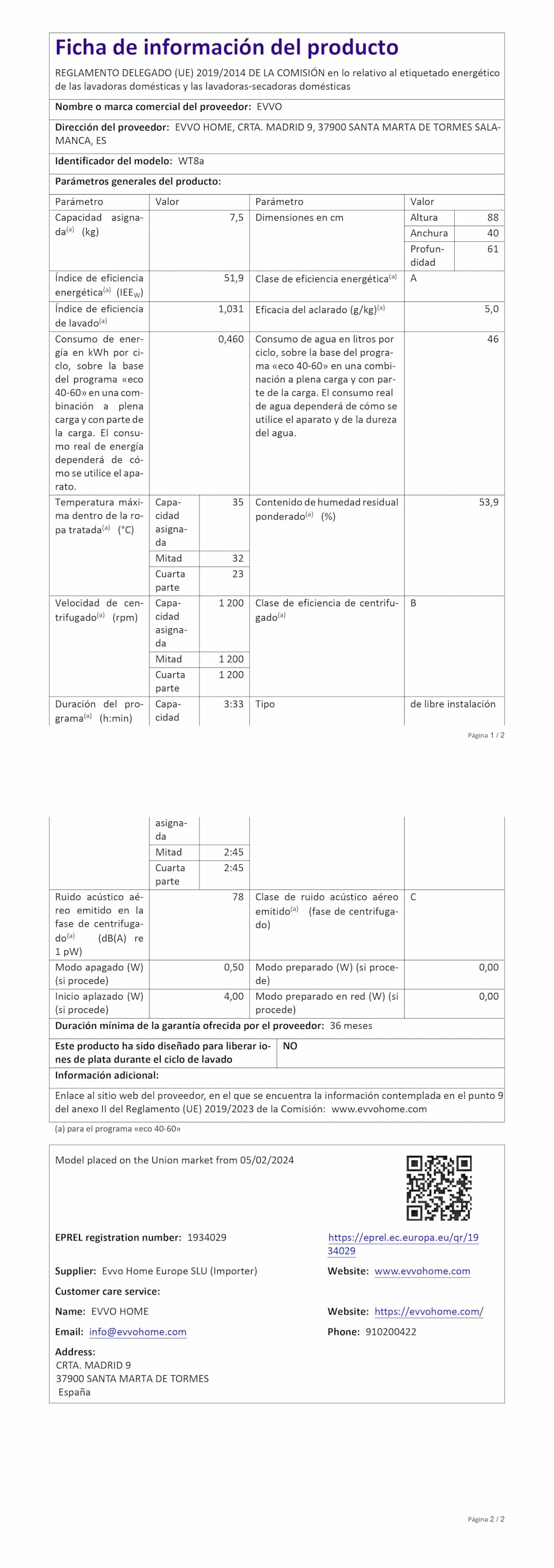 EVVO Lavadora 7,5 kg carga superior Wt8a, Clase energética A, 1250 rpm, Bajo Consumo, Aclarado Automático, 16 programas, Limpieza de tambor, Inicio Diferido, Función ultraRápida (Blanca)