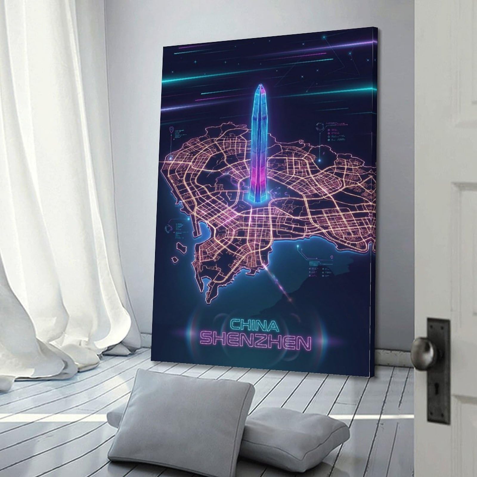 XKUGA Poster con mappa della stanza dei videogiochi, stampa su tela moderna decorativa di Shenzhen, Cina, Cyberpunk, decorazione artistica da parete ideale per la famiglia, la grotta degli uomini, la