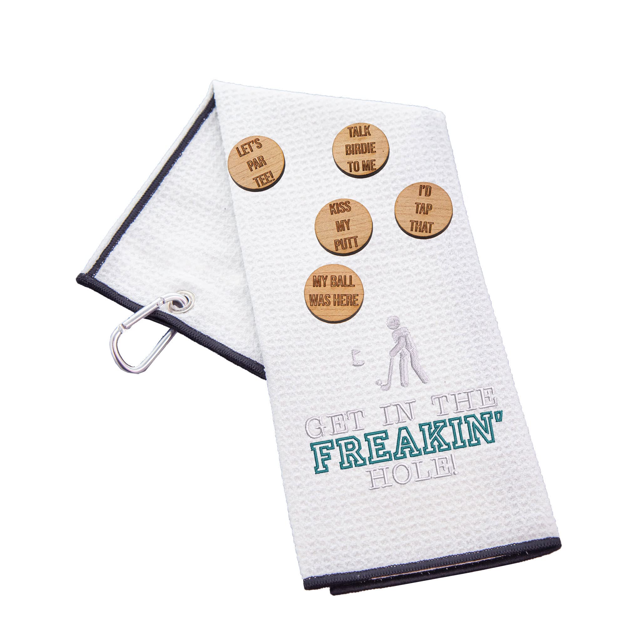 Funny Trifold Golf Towel and Comedy Wooden Ball Marker Set Gift for Men, Carabiner Clip for Golf Bags, Get in the Hole, Waffle White