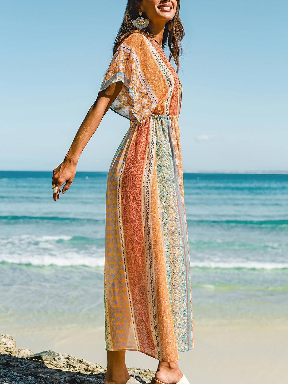 CUPSHE Beach Cover Ups for Women Maxi Kimono Cardigan | Open Front Short Sleeve Swimsuit Coverup, Woven Sheer, Lightweight and Breathable Fabrics, Summer Vacation Outfits