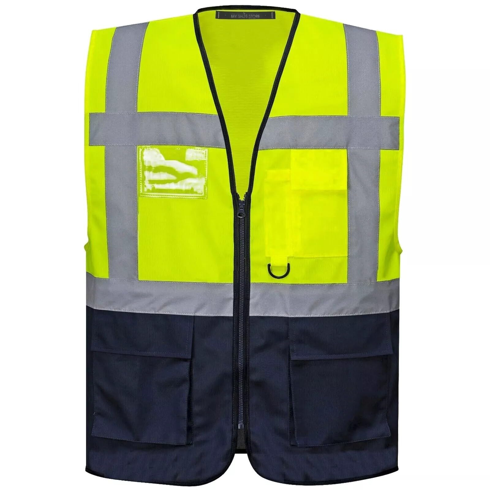 Executive Hi-Vis Safety Vest – High Visibility Zip Waistcoat with Reflective Stripes, Pockets, ID Holder & Radio Loop –Certified Workwear for Security & Contractors​ (Yellow/Navy 3XL)