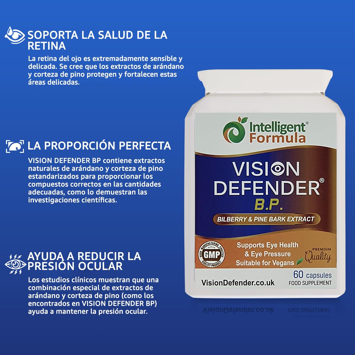 Suplemento de extracto de corteza de pino y arándano: VISION DEFENDER BP - Potentes antioxidantes naturales, antocianinas y procianidinas para la presión ocular y la salud ocular (60 cápsulas veganas)