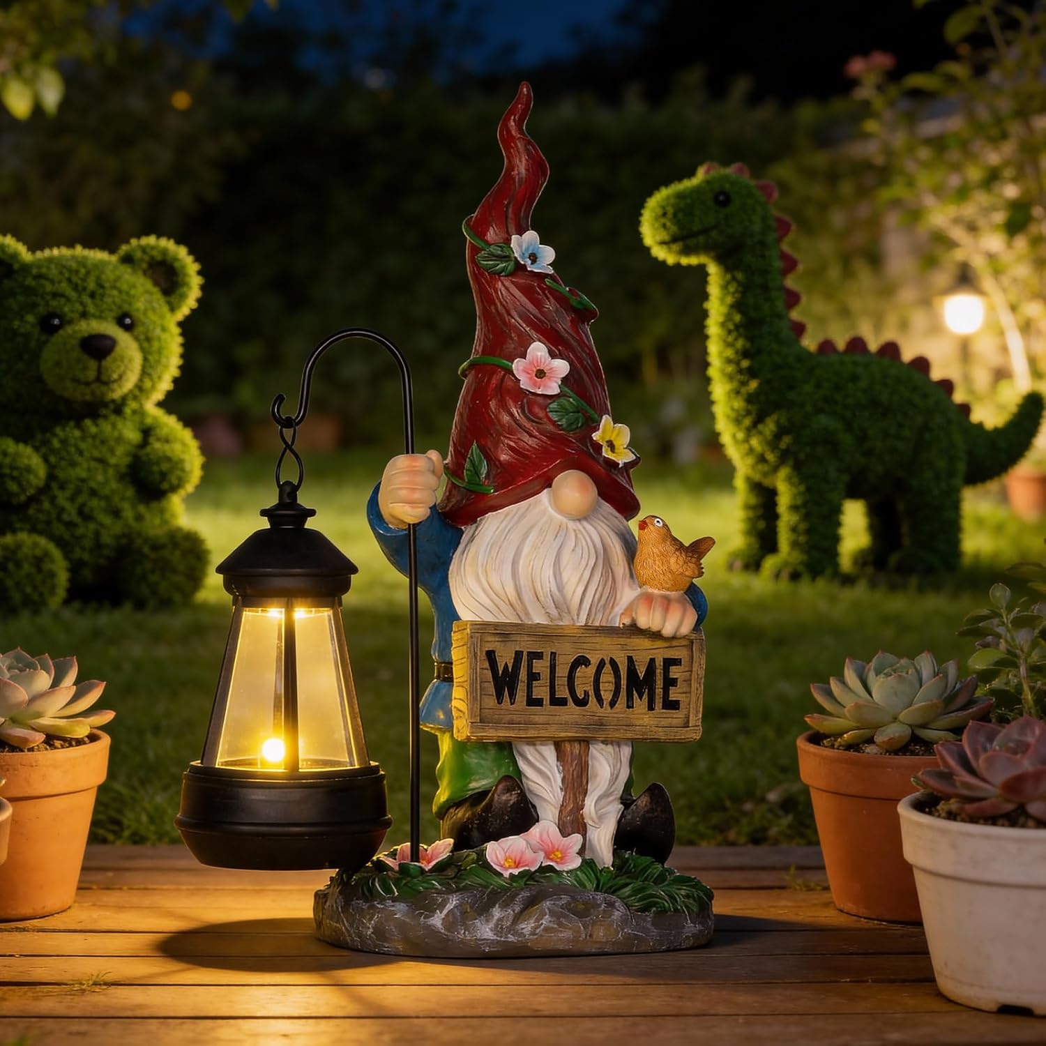 Garden Decor Gnomes Outdoor Statue with Solar Lights-Solar Garden Gnomes Decorations for Patio Lawn Yard Balcony with Lantern,Welcome Sign with Butterfly Flower, Birthday Gifts for Women Mom Grandma - Image 9