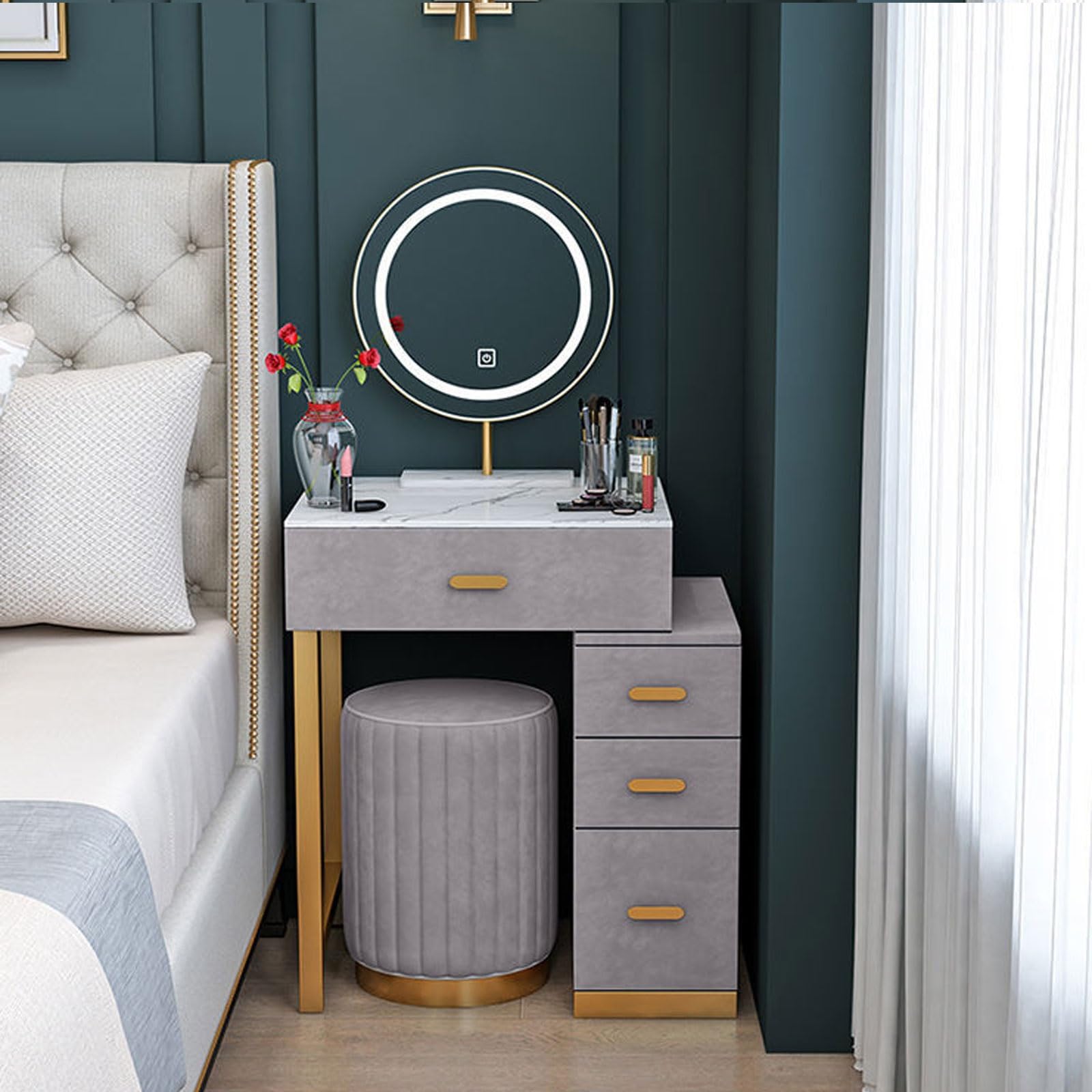 Coiffeuse moderne avec miroir éclairé, avec tiroirs de rangement, commode à 3 tiroirs et tabouret rembourré, pour femmes, mères, filles (couleur