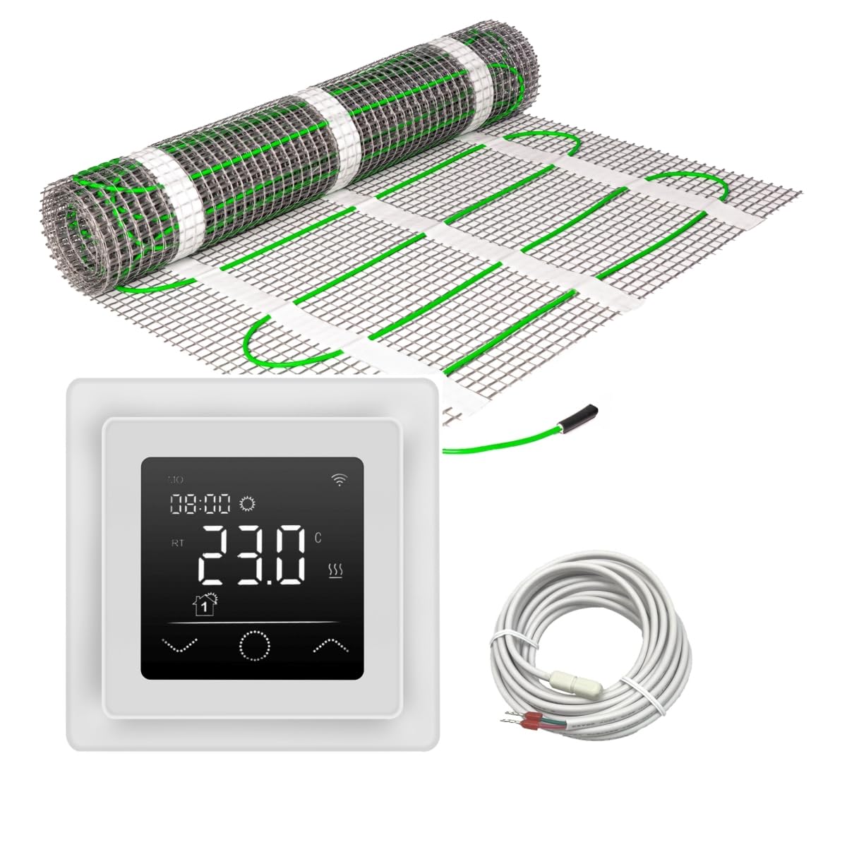 Elektrische Fußbodenheizung HoWaTech Power für Renovierung Komplett Set TWIN Heizmatte 200 W/m² inkl. Thermostat WLAN WIFI Touch weiß, Heizfläche:9.00m²