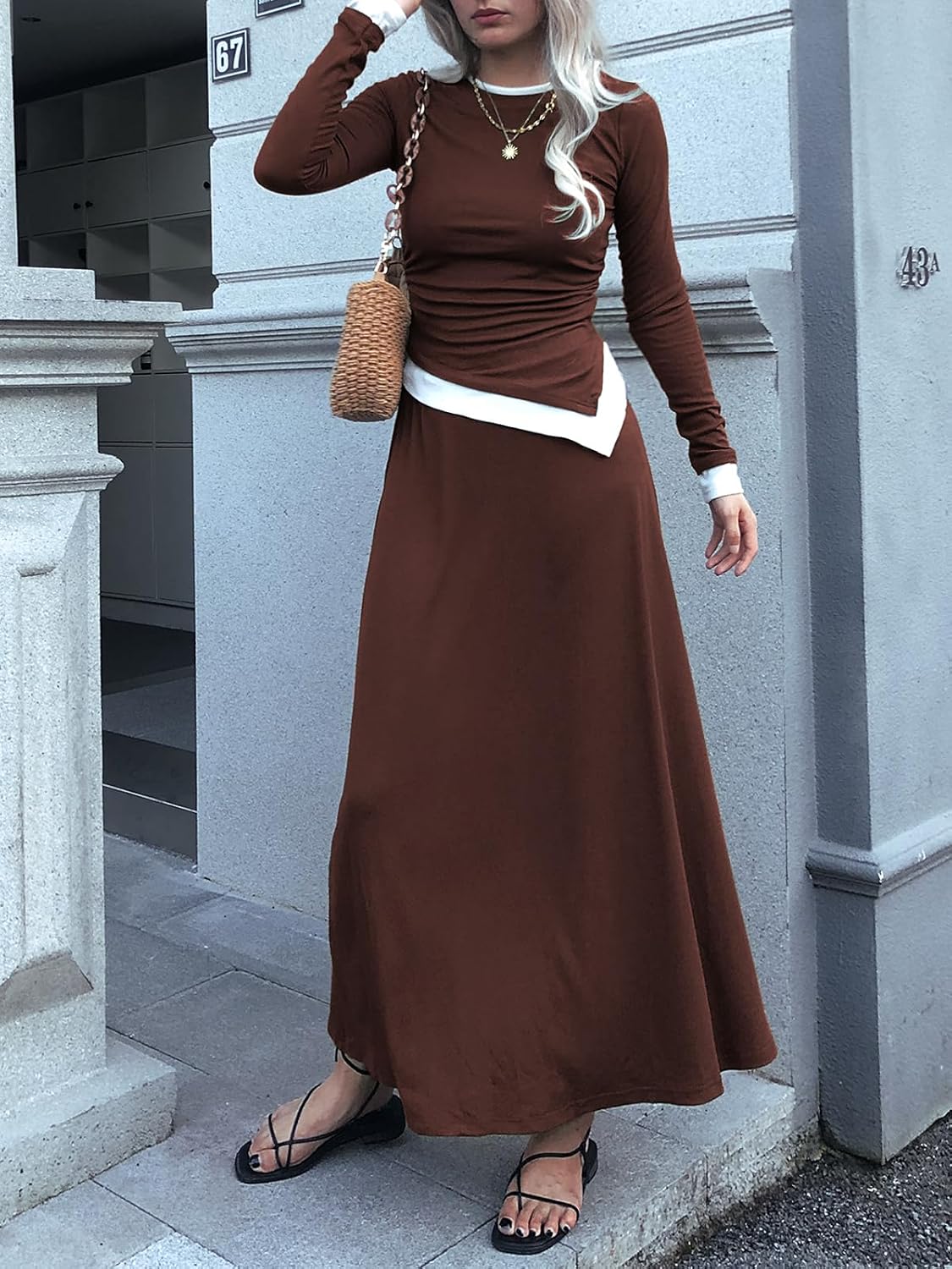 2 Piece Skirt Sets for Women 2024 Trendy Ribbed Knit Long Sleeve Crop Top Pleated Midi Flowy Skirts Matching Sets - Image 3