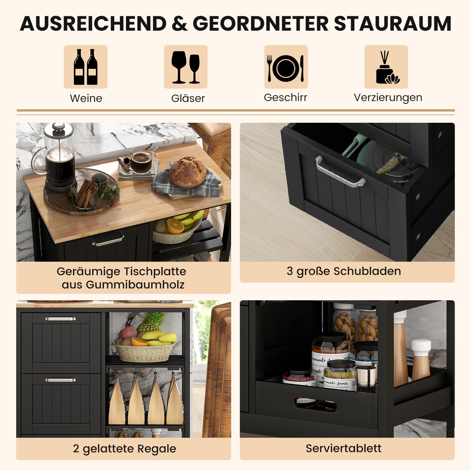 COSTWAY Küchenwagen mit Tablett, Regalen und 3 großen Schubladen, Küchenschrank rollbar, Kücheninsel aus Kautschukholz, Servierwagen 67 x 37 x 83,5 cm (Schwarz)