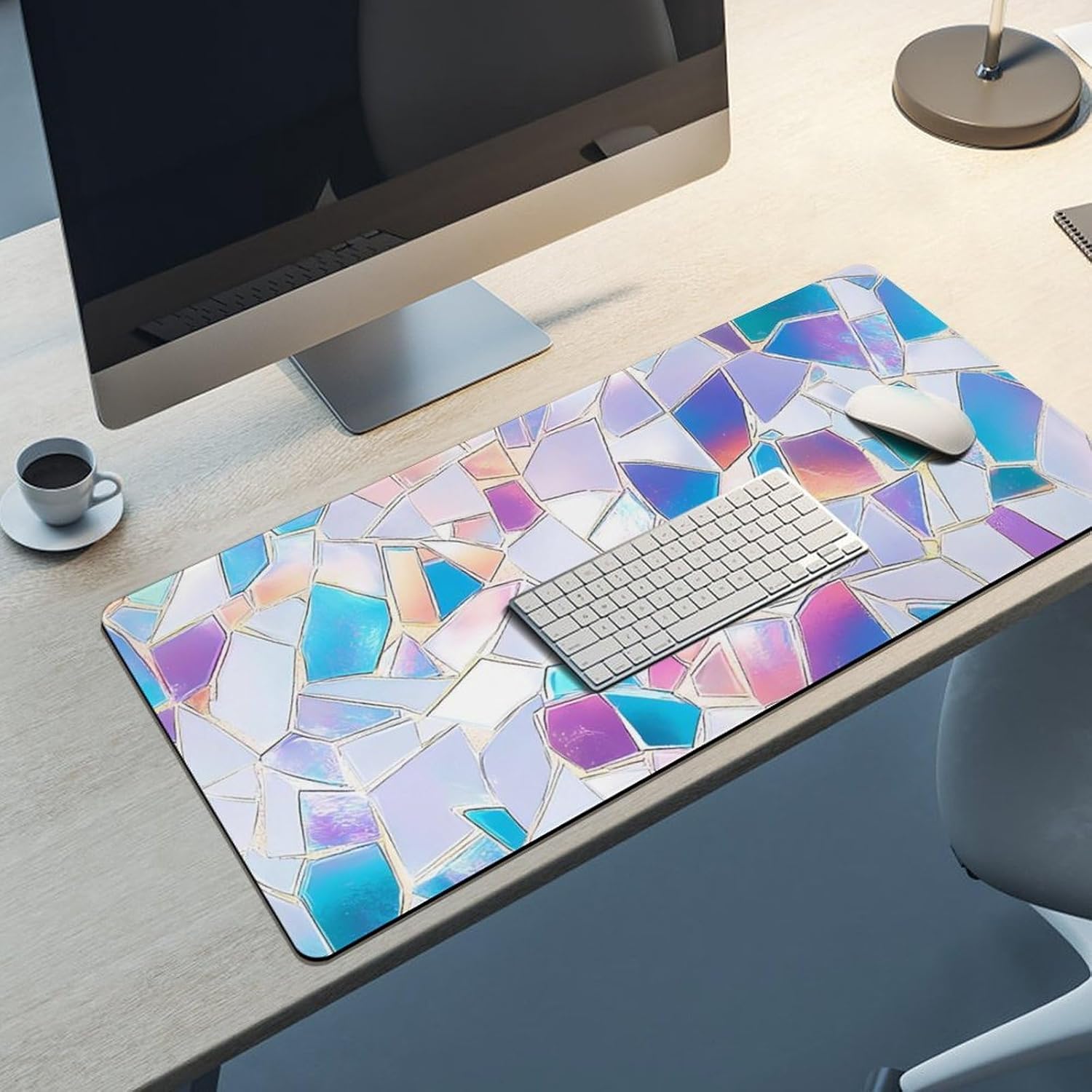 Mosaic Glass Shards Iridescent Desk Mat with Stitched Edge Stylish Large Mouse Pad Home Office Accessory 40x90cm
