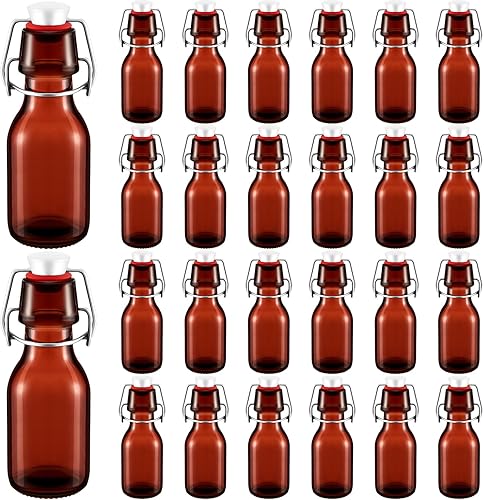 Tessco 24 botellas pequeñas de vidrio ámbar con tapones, botellas de cerveza transparentes de 3.3 onzas con tapa abatible, minibotellas decorativas