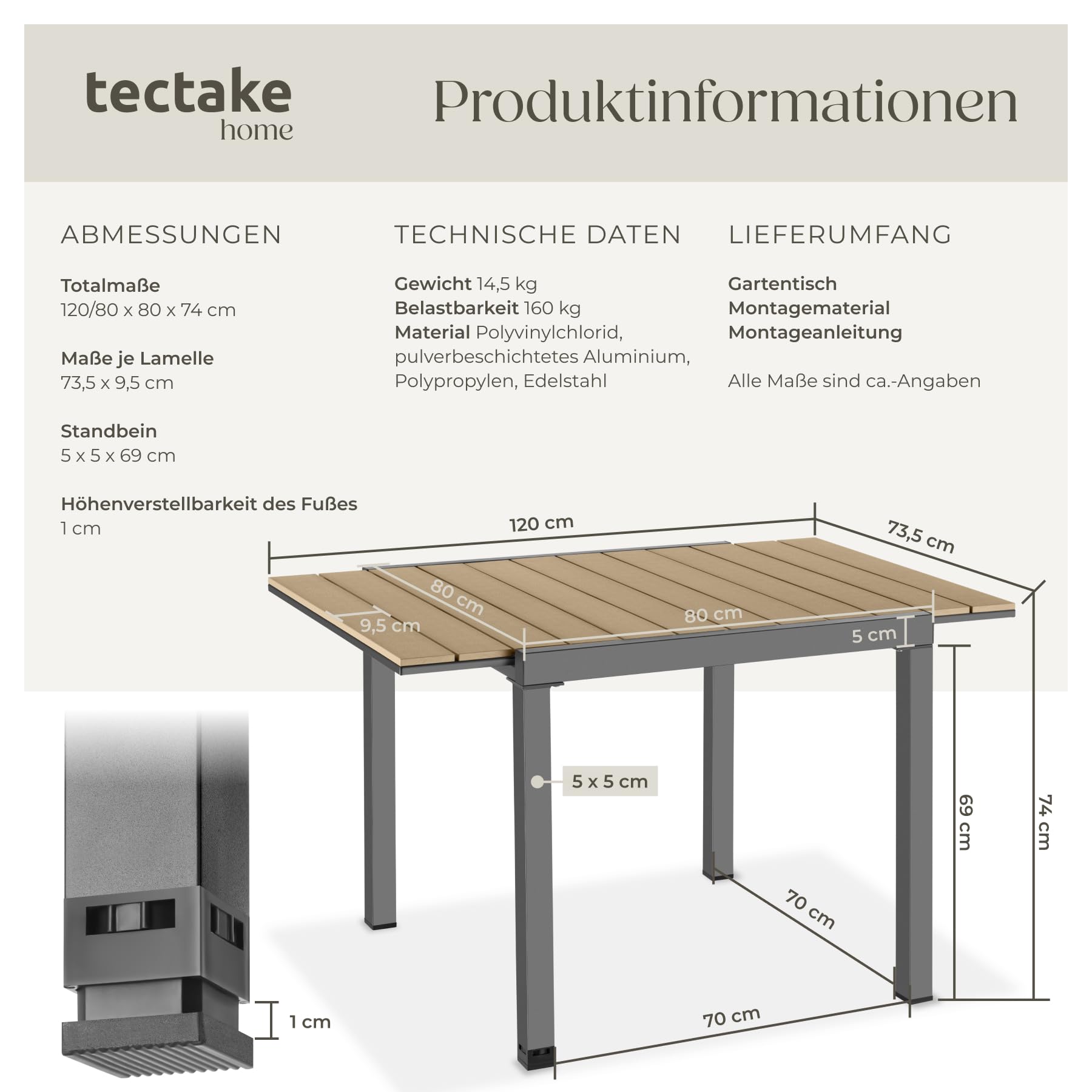 TecTake® Aluminium Gartentisch für 4-6 Personen, 80–120 x 80 x 74 cm, ausziehbar, Garten Tisch Holzoptik, Outdoor wetterfest, Gartenmöbel, Esstisch Terrasse - schwarz/braun