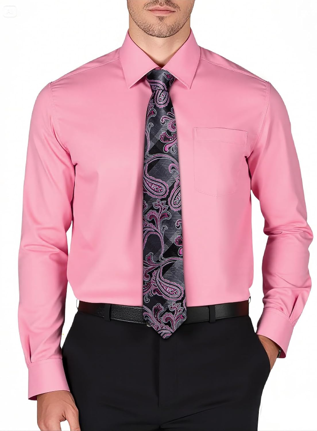 Mens Dress Shirt and Tie Set Soild Color Long Sleeve Button Down Wrinkle Free Shirts Formal Business Wedding - Image 3