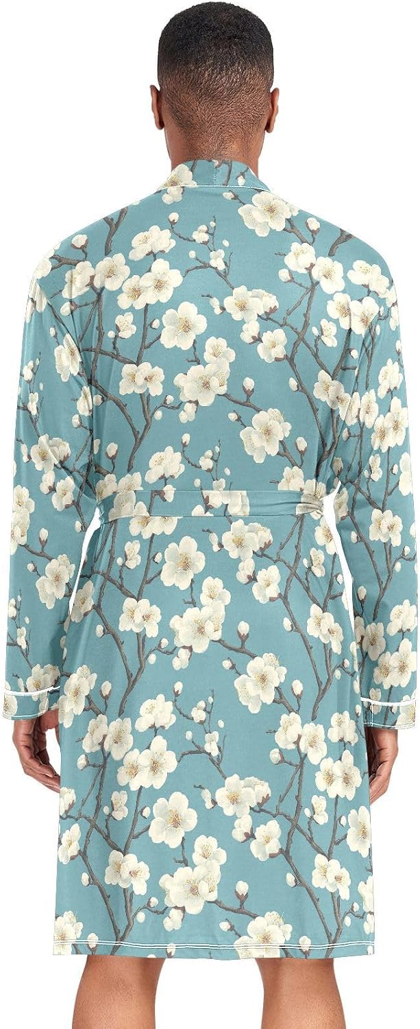 White Green Flowers Men's Bathrobes Comfy V Neck Sleep Shirt for Hospital