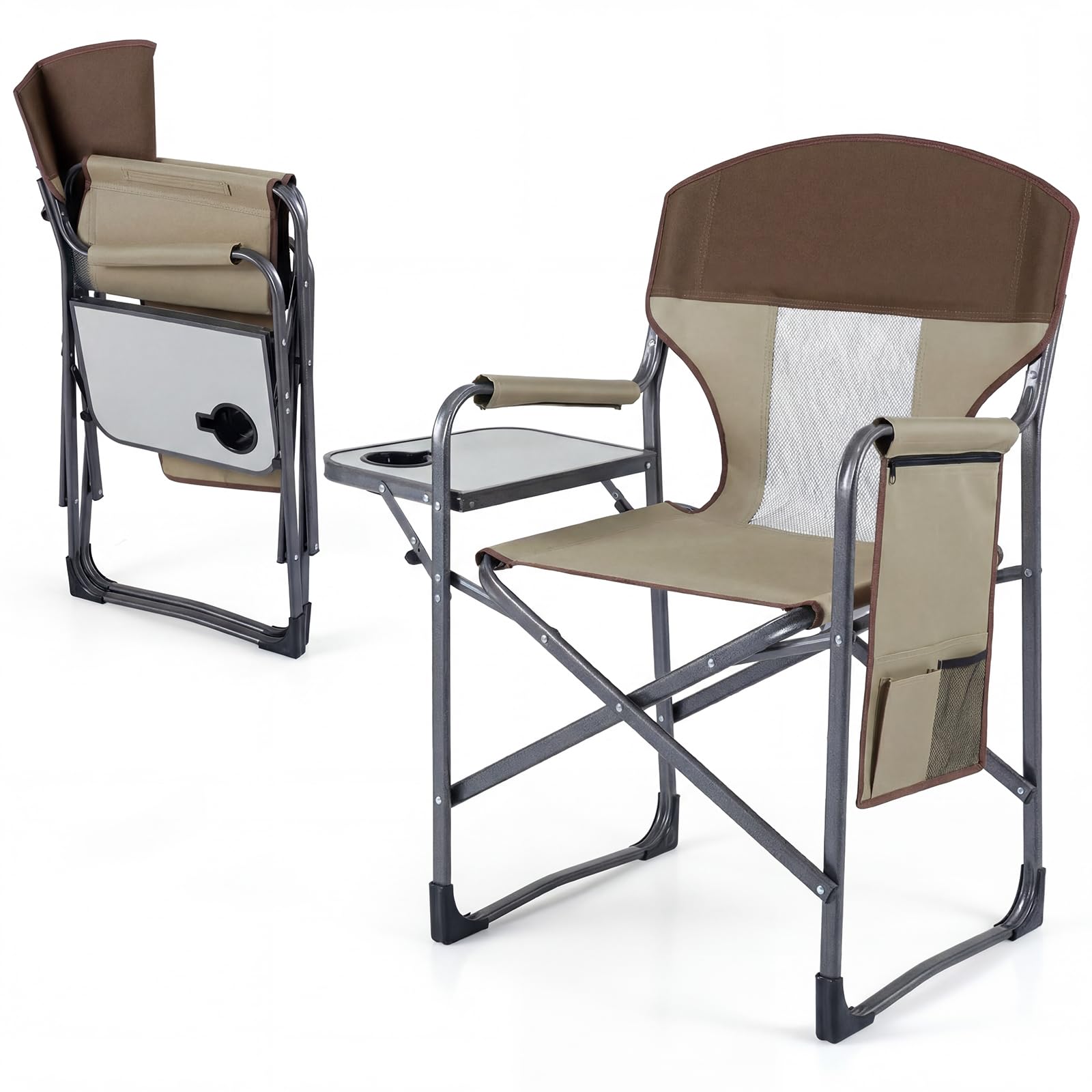 COSTWAY Silla de Camping Plegable, Silla de Director Acolchada con Mesa Lateral, Portavasos y Bolsillos, Carga 180 kg, Sillón Ligero Portátil, Estructura Metálica. Pesca Picnic Césped (Marrón)