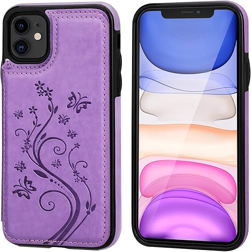 Miniatura 9 de Vaburs Funda tipo cartera para iPhone 11 con tarjetero, diseño de mariposa en relieve de piel sintética de alta calidad, doble botones magnéticos, a