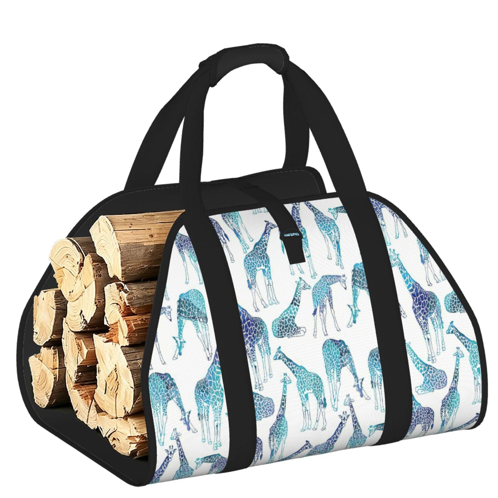 Pphgut Black Giraffe Pattern Print Firewood Bag Wood Carrier Transport Sack Camping Picnic Storage Daily Home