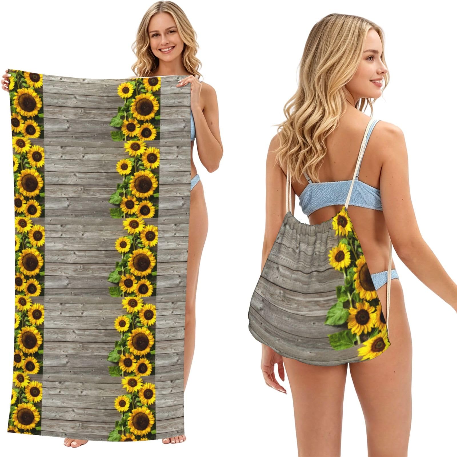 Poadnly As Picture Autumn Background With Sunflowers, 2 In 1 Packable Towel Bag, Beach Towels With Drawstring Backpack For Travel Holiday Camping
